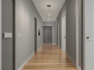 Modern Interior Corridor With Wooden Doors And Bright Lighting