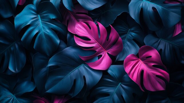 A close up of a bunch of leaves with blue and pink flowers