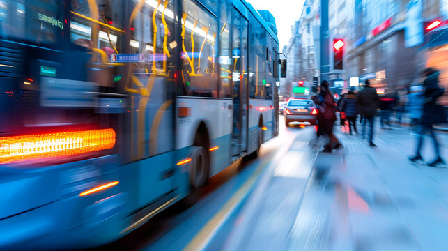 Autob&uacute;s en movimiento en una calle urbana al atardecer