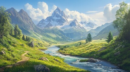 A winding river flows through a picturesque valley with snow-capped mountains in the background.