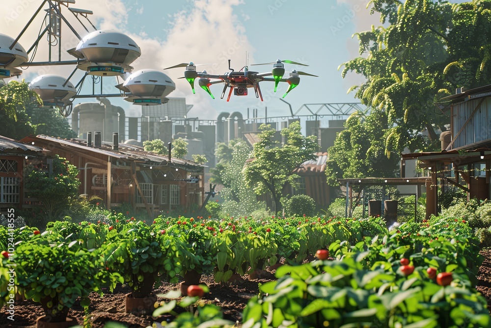 Aufkleber A high-tech farm features drones and robots managed by AI, optimizing crop health and agricultural efficiency in a lush environment. Generative AI