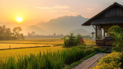 Fototapeta premium A serene scene of a coffee shop at sunset with golden rice fields in the background