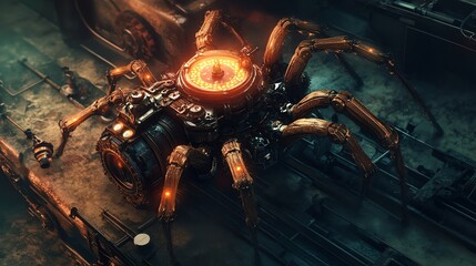 Fototapeta premium A steampunk spider robot with glowing gears and lights sits on a metallic surface.