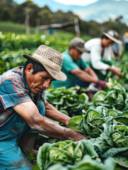 A group of farmers in straw hats working in a lush vegetable field, harvesting crops during a warm, sunny day.