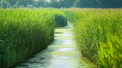 Reeds surround a water channel to Neusiedlersee, Austria.