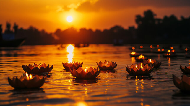 evening on Chhath Puja, people gather on the river bank with offerings, the orange sky at sunset creates a beautiful view, Ai generated images