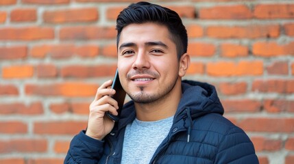 Latin man on phone outdoors.