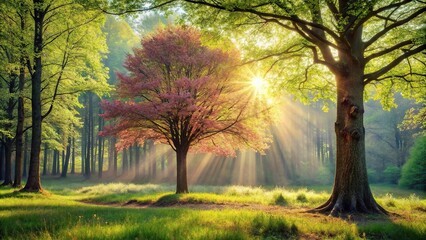Fototapeta premium Tranquil spring forest with sunlight filtering through trees featuring tall brown tree and smaller brown tree