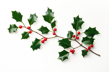 Vibrant holly branch featuring glossy green leaves and red berries isolated on white background, Christmas festive cheer
