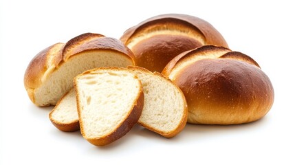Sliced Bavarian bread buns on white.