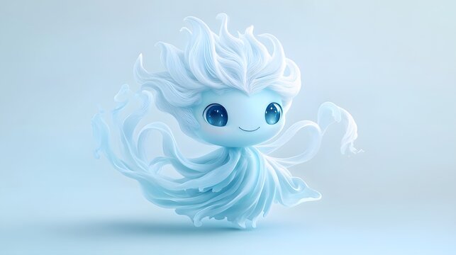 Cute, cartoon, white, blue, fantasy character with large eyes and a smile on a light blue background.