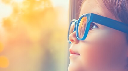 Young child wearing blue glasses focusing on distant tree outside window, symbolizing myopia prevention and importance of outdoor activities