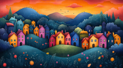 Vibrant Abstract City Landscape Drawing Inspired by the Countryside