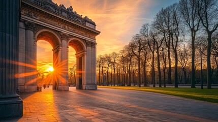 Fototapeta premium Cinquantenaire Arcade in neoclassical style at sunset, located in the Parc du Cinquantenaire (Jubelpark) in the European Quarter of Brussels, Brussels-Capital Region, Belgium.