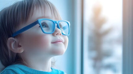 Young child wearing blue glasses focusing on distant tree outside window, symbolizing myopia prevention and importance of outdoor activities