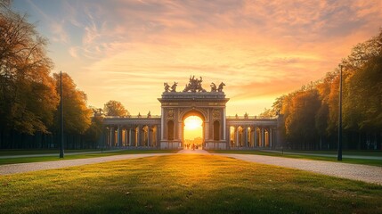 Fototapeta premium Cinquantenaire Arcade in neoclassical style at sunset, located in the Parc du Cinquantenaire (Jubelpark) in the European Quarter of Brussels, Brussels-Capital Region, Belgium.
