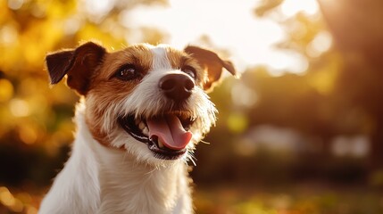 Joyful dog in an autumn park on a sunny day.
