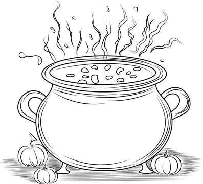 recommend clip art: Witch's cauldron with potion. Pumpkins. Halloween. Coloring. Line art.