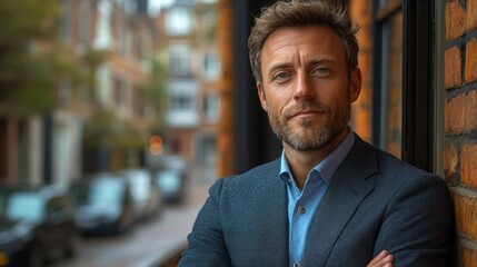 Fototapeta premium Man with a beard and a blue shirt is standing in front of a blurry background. He is wearing a suit and tie. british businessman thinking of buyinh a commercial mortgage loan