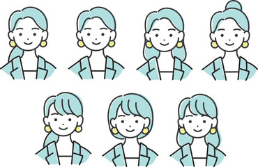 オフィルカジュアルの女性の正面顔 髪型違い7点セット