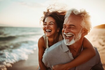 A joyful older couple enjoys a playful moment at the beach, with the woman riding