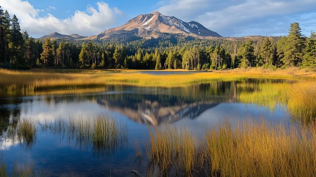 Lassen Peak overlooking Manzanita Lake in Lassen Volcanic National Park, California, USA.