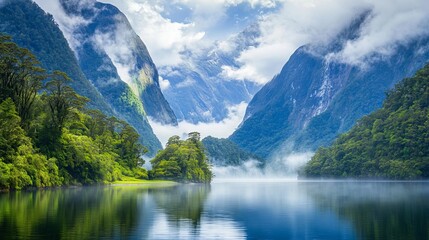 The magnificent Doubtful Sound fjord in Fiordland National Park, South Island, New Zealand. Mist-covered mountains, verdant forests, and calm waters combine to create a peaceful, pristine natural retr