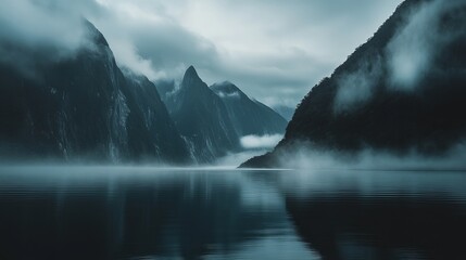 Fototapeta premium Enigmatic landscape of Milford Sound, also known as Rahotu, featuring Mitre Peak shrouded in fog over the lake during the morning at Fiordland National Park, New Zealand.