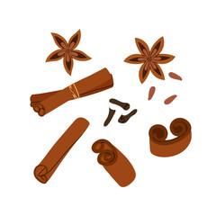 Spice Set. Dried cinnamon, cloves and aniseed. An ingredient for drinks, baking or other cooking. Natural Indian spice. Set of flat vector illustration.