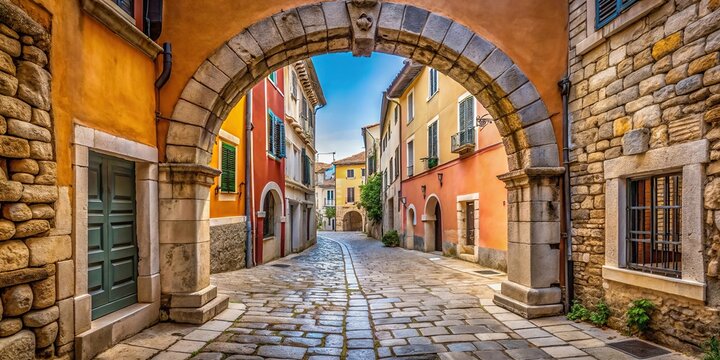 Fototapeta Low angle view of arch on stone-paved Garzotto street in Rovinj, Croatia