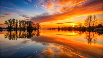 Obraz premium Low angle view of beautiful orange sunset reflection on the lake
