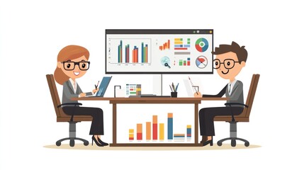 Fototapeta premium Office characters engaged in research, vector design showcasing teamwork and data analysis