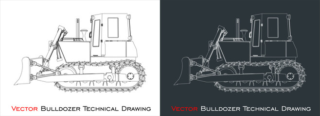 Vector bulldozer side view line blueprint wireframe technical drawing