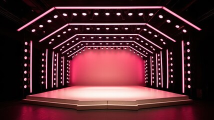 Pink Realistic stage podium with elegant lightning for performance stage stadium with fairy lights on it, stadium stage background with backdrop shaddow with lights for award, programme, function