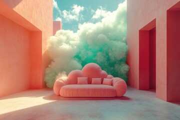 A pink couch is sitting in a room with a green cloud in the background