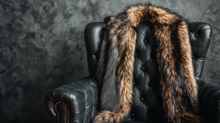 Fototapeta premium A luxurious fluffy fur coat cascades elegantly over a plush velvet armchair