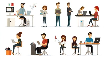 Office life scenes flat cartoon vector, depicting daily activities and interactions in a lively workplace