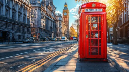 Obraz premium Iconic red telephone booth with Big Ben in the background during daytime