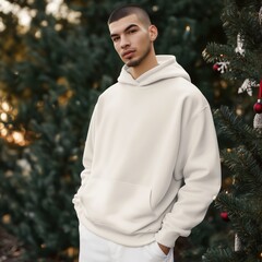 Fototapeta premium Men's blank oversized cream hoodie mockup. Young male model standing against to Christmas tree. Hooded tshirt template. Men's long sleeve sweatshirt, urban style, outdoor mockup 