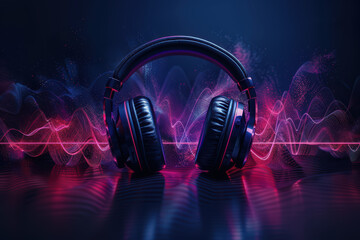 Immersive Audio: Black Headphones in Vibrant Soundwave Aura 
