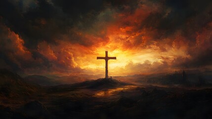 Fototapeta premium A Silhouetted Cross Against an Orange and Yellow Sunset Over a Rocky Landscape
