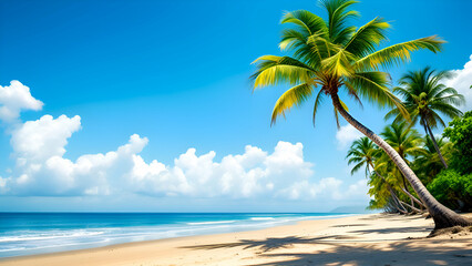  tropical beach scene with palm trees swaying gently in the breeze.  The soft white sand meets the turquoise ocean waves, creating a postcard-perfect image. 