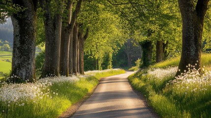 Naklejka premium A winding road through a lush green forest with tall trees on both sides.