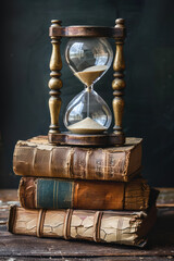 Timeless Wisdom: An hourglass rests atop a stack of antique books, symbolizing the passage of time and the enduring value of knowledge.