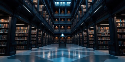 Obraz premium A labyrinth of towering bookshelves fills an ancient library, creating winding pathways that invite exploration.