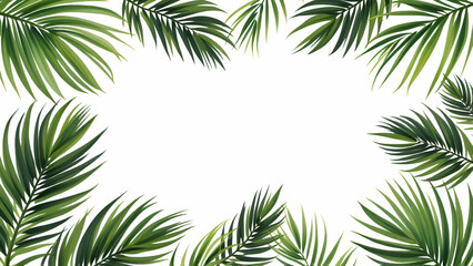 A white background framed by lush green palm leaves, creating a tropical and inviting aesthetic.