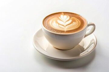 Low angle view of cappuccino latte coffee with foam in a white background