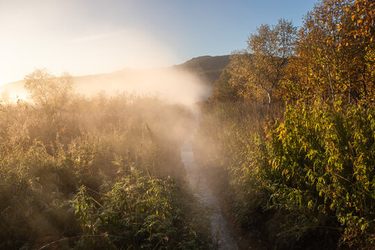 fog over a hot thermal spring
