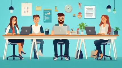 Office team working together, vector flat design with an emphasis on inclusivity and a lively atmosphere
