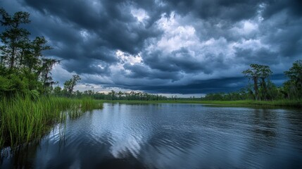 Dark clouds loom over bayou.
